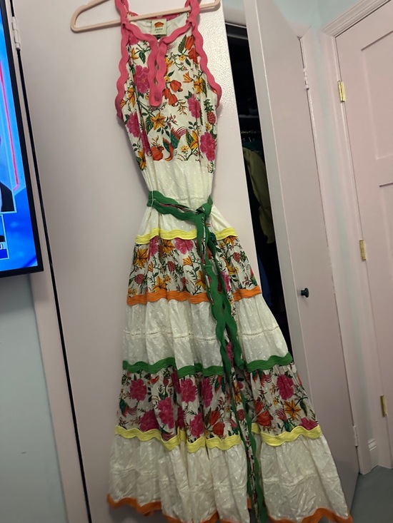 FARM Rio Dresses & Skirts - FARM Rio White Floral Tiered Maxi with Pink Trim and Green Tie